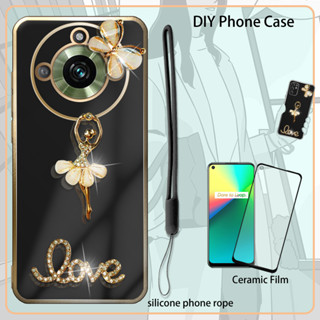 เคสเคลือบไฟฟ้า ประดับพลอยเทียม พร้อมฟิล์มเซรามิค และสายคล้อง สําหรับ Realme 11