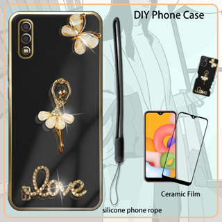 เคสเคลือบไฟฟ้า ประดับพลอยเทียม พร้อมฟิล์มเซรามิค และสายคล้อง สําหรับ Samsung A01