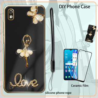 เคสเคลือบไฟฟ้า ประดับพลอยเทียม พร้อมฟิล์มเซรามิค และสายคล้อง สําหรับ Samsung A10