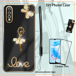 เคสเคลือบไฟฟ้า ประดับพลอยเทียม พร้อมฟิล์มเซรามิค และสายคล้อง สําหรับ VIVO S1 2019