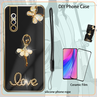 เคสเคลือบไฟฟ้า ประดับพลอยเทียม พร้อมฟิล์มเซรามิค และสายคล้อง สําหรับ VIVO V15 Pro