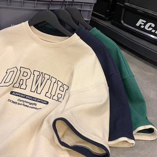 เสื้อยืด เกาหลี oversize คอกลม เสื้อยืดคอกลม ผ้าวาฟเฟิล ลายปัก ขนาดใหญ่ เสื้อโอเวอร์ไซส์ ชายหญิง ใส่ได้ แฟชั่นฤดูร้อน