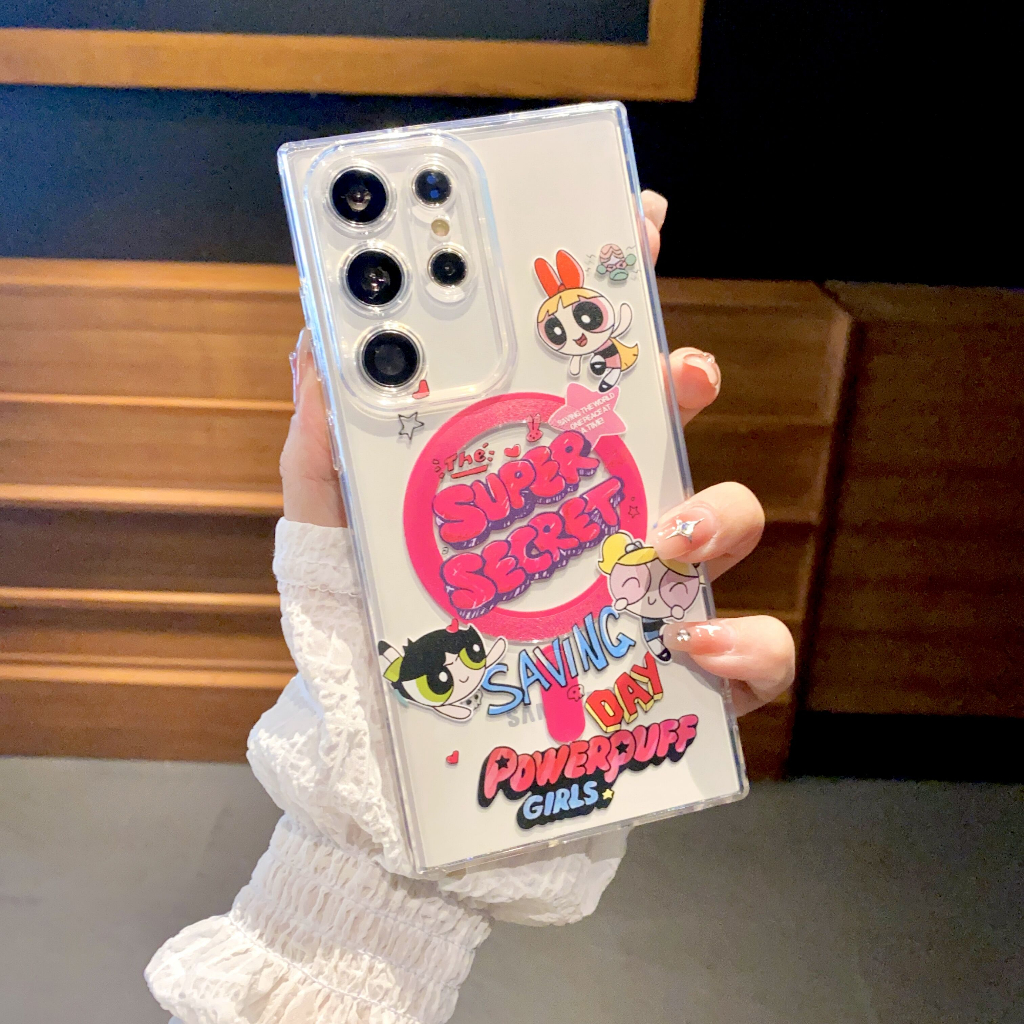 การ์ตูน น่ารัก The Powerpuff Girls Movie แรงดึงดูดของแม่เหล็ก การชาร์จแบบไร้สา เคส Samsung Galaxy S24 Ultra S23 Ultra S22 Ultra S22 S23 S24 Plus + Case ใหม่ เรียบง่าย โปร่งใส ป้องกันการหล่น ซิลิกาเจล นุ่ม ซัมซุง เคส
