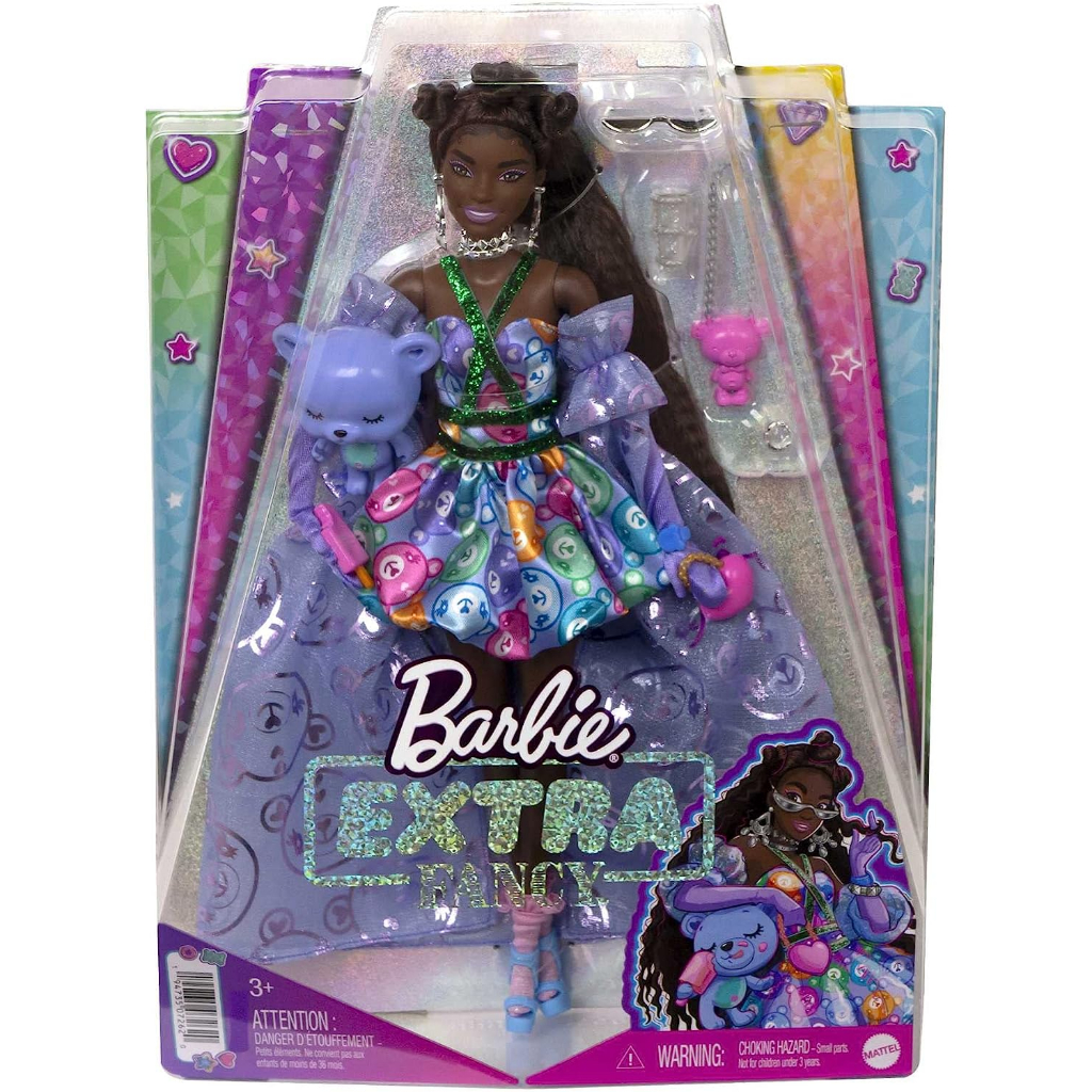 Barbie Extra Fancy Fashion Doll & Accessories Dressed in a Teddy-Print Gown with Sheer Train, Plus Teddy Bear Pet HHN13 ตุ๊กตาบาร์บี้ แฟนซี แฟชั่น และชุดเดรส ตุ๊กตาหมี ผ้าเชียร์ พลัสไซส์ HHN13