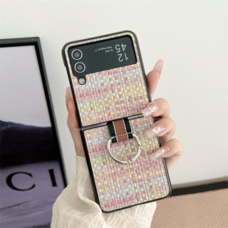 เคสโทรศัพท์มือถือ PC แข็ง แบบผ้าทอ พร้อมแหวนขาตั้ง สําหรับ Samsung galaxy Z Flip5 Flip 3 4 5