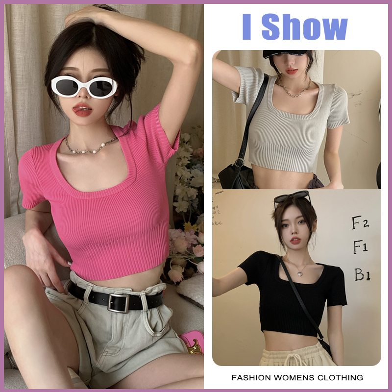 เสื้อยืดแขนสั้น คอสี่เหลี่ยม ผ้าถัก เข้ารูป สีชมพู แฟชั่นฤดูร้อน สไตล์ฝรั่งเศส