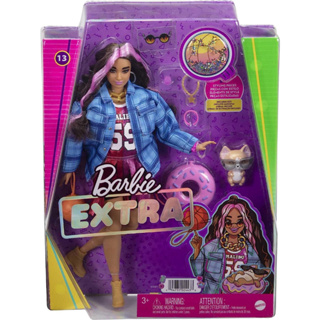 Barbie Extra Doll and Accessories with Pink-Streaked Crimped Hair in Jersey Dress with Pet Corgi HDJ46 ตุ๊กตาบาร์บี้ และเครื่องประดับ พร้อมผมย้ํา สีชมพู HDJ46