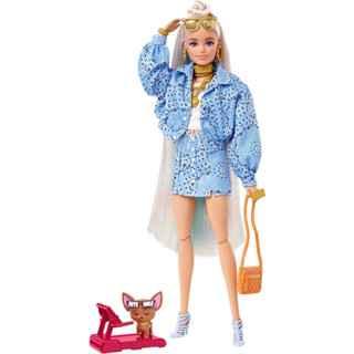 Barbie Extra Doll &amp; Accessories with Platinum Blonde Hair, Blue Paisley-Print Jacket &amp; Pet Chihuahua HHN08 เสื้อแจ็กเก็ต แพลตตินัม สีบลอนด์ สําหรับตุ๊กตาบาร์บี้ HHN08