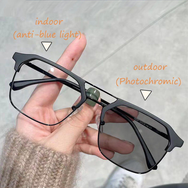 2in1 แว่นตากันแดด โฟโตโครมิก ลําแสงคู่ ป้องกันรังสียูวี แว่นตาสําหรับผู้ชาย ผู้หญิง ป้องกันแสงสีฟ้า แว่นตาป้องกันดวงตา กรอบสี่เหลี่ยม โลหะ แว่นตากันแดดกลางแจ้ง