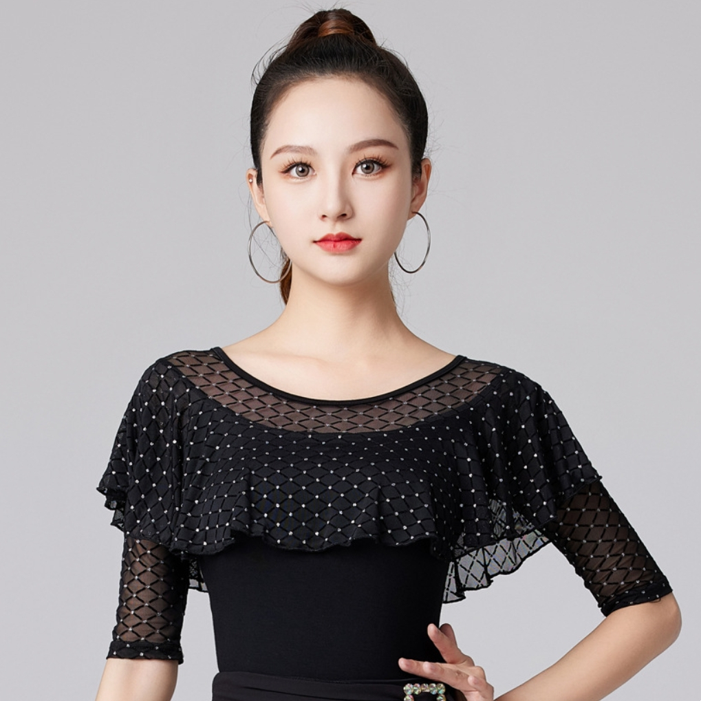 Qsuccua ผู้ใหญ่สุภาพสตรี Latin Ballroom Dance คอกลม Ruffled กลางแขน Top Practice Performance เครื่องแต่งกาย