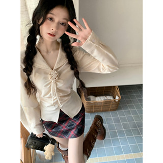 【JMWOMEN】เสื้อเชิ้ตแขนยาว คอปก แต่งจับจีบ เข้ารูป เอวสูง สีกรมท่า สําหรับผู้หญิง