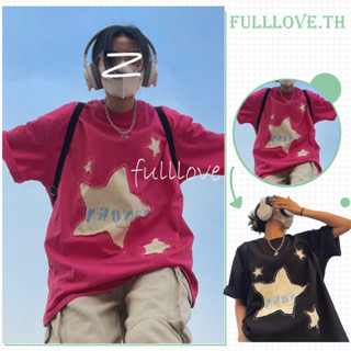 Fulllove เสื้อยืดกุ้นขอบดำ สกรีนลาย shinning planets ทรงครอป Y2K oversize T-shirt