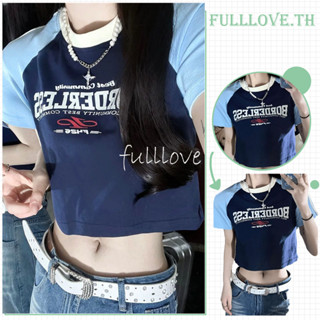 Fulllove เสื้อครอปแขนสั้นพิมพ์ลายตัวอักษรสำหรับผู้หญิง เสื้อยืดแขนสั้นสไตล์สาวฮอตสไตล์ Y2K  crop Top