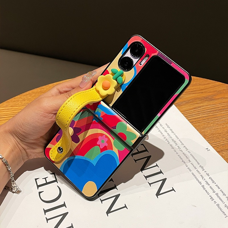 เคสโทรศัพท์มือถือ ฝาพับ ลายดอกไม้สีรุ้ง พร้อมช่องใส่บัตร และสายคล้องมือ หรูหรา สําหรับ OPPO Find N2 Flip Find N2Flip FindN2 Flip N3 Flip N3Flip