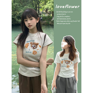 love flower🌼 เสื้อยืดแขนสั้น เปิดไหล่ 3 สี แฟชั่นอเมริกัน สําหรับผู้หญิง