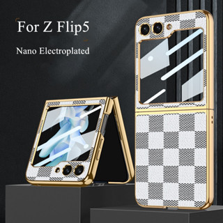 สําหรับ Samsung Galaxy Z Flip5 Flip 4 3 5 เคสหรูหรา หนังเคลือบไฟฟ้า ลายตาราง หมากรุก เคสป้องกัน