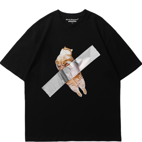 เสื้อยืดแขนสั้น พิมพ์ลายแมว ทรงหลวม สไตล์ฮ่องกงเรโทร