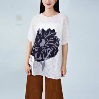 [enjoysea] Issey Miyake เสื้อยืดแขนสั้น คอกลม พิมพ์ลาย ทรงหลวม โอเวอร์ไซซ์ สําหรับผู้หญิง