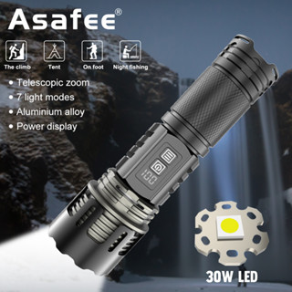 Asafee ไฟฉายฉุกเฉิน LED 30W 1500LM 26650 ซูมได้ ใช้แบตเตอรี่ สําหรับตั้งแคมป์กลางแจ้ง