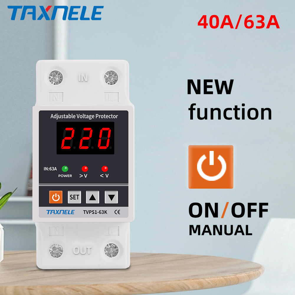 Taxnele 40A 63A 220V Over และ Under Voltage Protector รีเลย์ป้องกันแรงดันไฟฟ้า Din Rail ปรับ