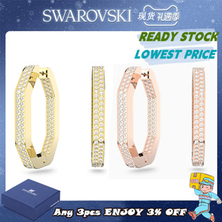 Swarovski ต่างหูห่วง แปดเหลี่ยม ชุบทอง ขนาดใหญ่ ฟรีกล่อง