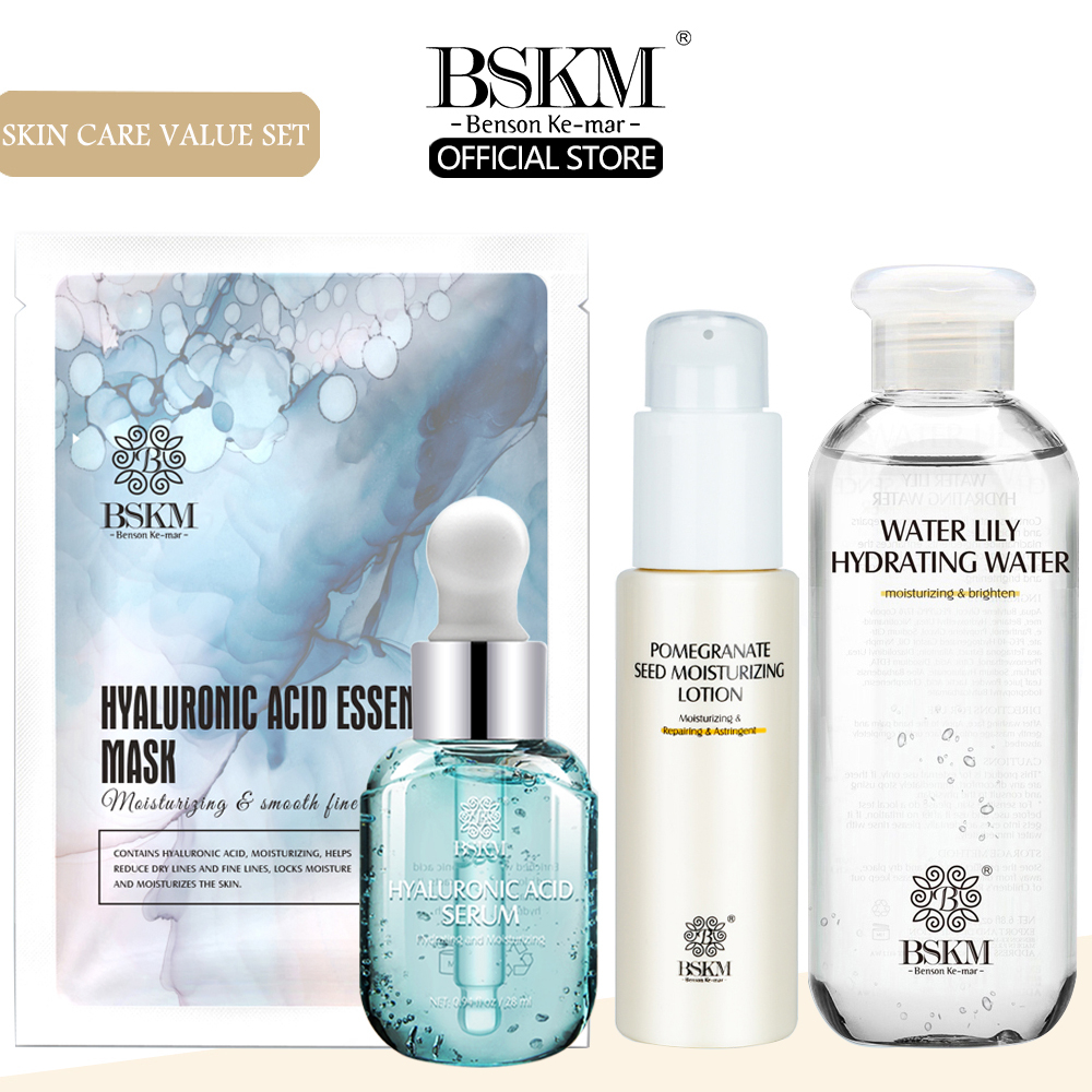 BSKM ชุดบำรุงผิวHyaluronic Acid Serum พอกหน้า/วอเตอร์-ลิลลี่ โทนเนอร์/โลชั่นบำรุงผิวหน้าเมล็ดทับทิม ไวท์เทนนิ่ง ต่อต้านริ้วรอย ลบริ้วรอย 4 ชิ้น