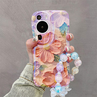 เคสโทรศัพท์มือถือ ซิลิโคนนิ่ม TPU กันกระแทก ลายภาพวาดสีน้ํามัน รูปกลีบดอกไม้ สีชมพู พร้อมสายคล้องมือ สีรุ้ง สําหรับ Huawei P60Pro Mate30 50Pro Mate40Pro P60 Mate 40E 30E 40 50 Pro