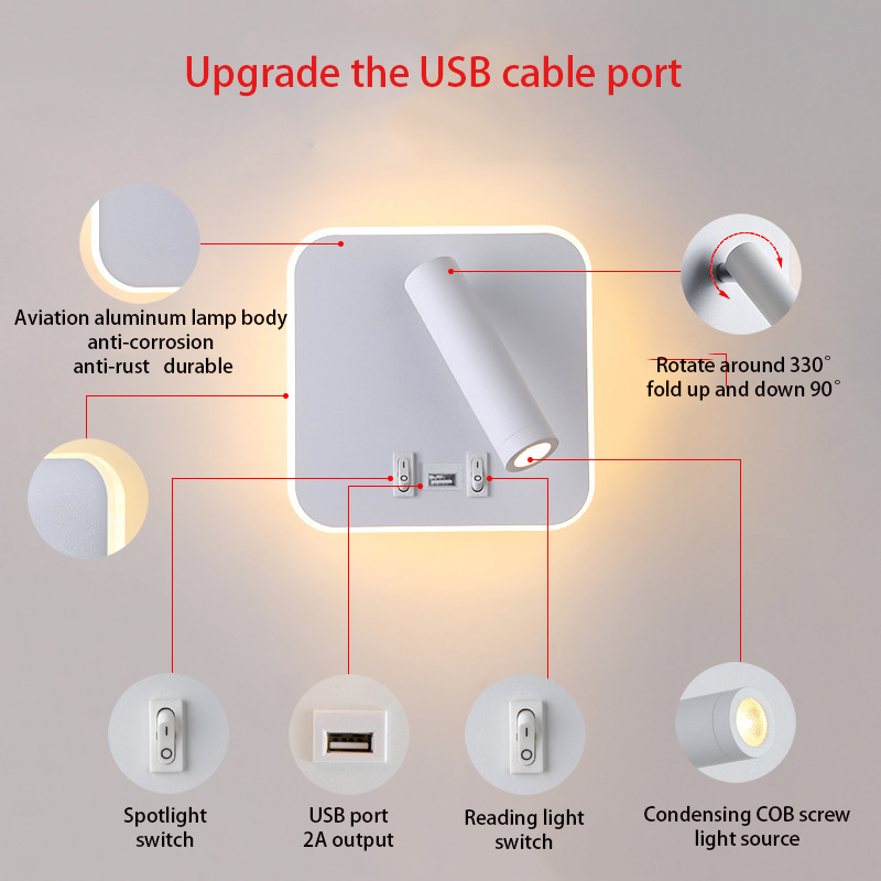 โคมไฟติดผนัง 3W 8W หมุนได้ 350 องศา ปรับได้ พร้อมสวิตช์ USB สําหรับห้องนอน โรงแรม