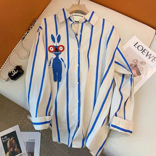 เสื้อเชิ้ต ทรงหลวม ลายทาง สีฟ้า พลัสไซซ์ สําหรับผู้หญิง