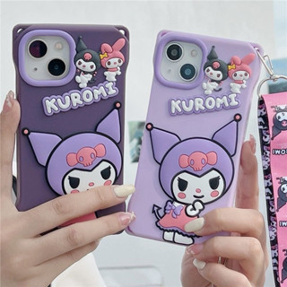 เคสโทรศัพท์มือถือ ซิลิโคนนุ่ม ลายการ์ตูนคุโรมิ สีม่วง พร้อมสายคล้องยาว สําหรับ Iphone 14 14 pro 14 pro max 13 pro max 12 pro max 11