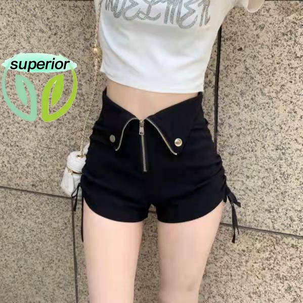 กางเกงขาสั้นลําลอง ขากว้าง เอวสูง ทรงเอ เข้ารูป แต่งลูกไม้ สีดํา แฟชั่นฤดูร้อน สําหรับสตรี 2023