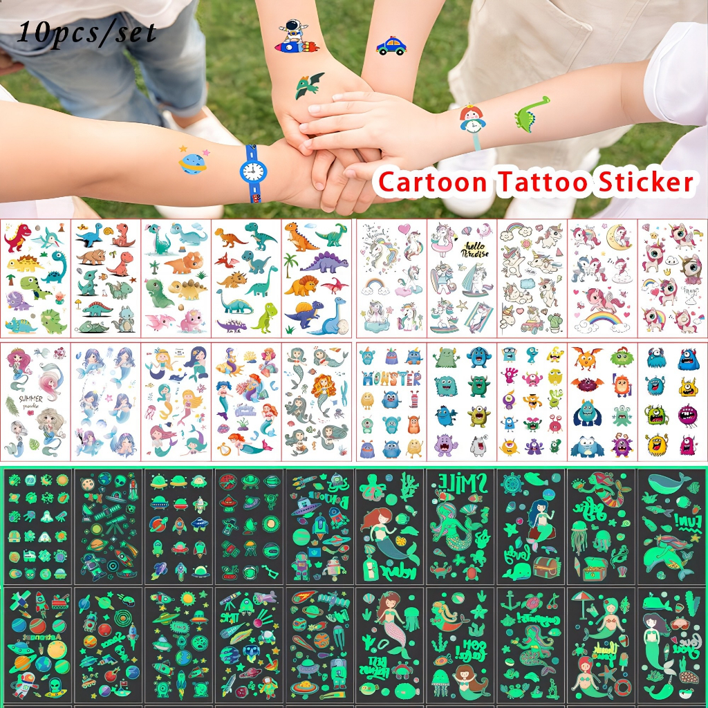 สติกเกอร์รอยสัก ลายการ์ตูนธีมต่างๆ เรืองแสง สําหรับเด็ก 10 ชิ้น ต่อชุด TZ014