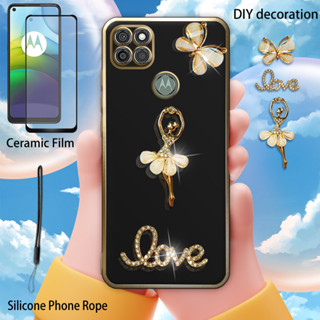Luxuy เคสโทรศัพท์มือถือซิลิโคน ทรงโค้ง ป้องกันหน้าจอ ประดับพลอยเทียม พร้อมสายคล้อง สําหรับ Moto G9 Power