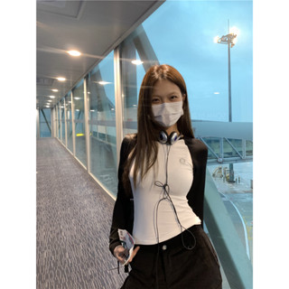 Vintage Black and White Contrast Embroidery Raglan Sleeve Short T-shirt Long Sleeve T-shirt