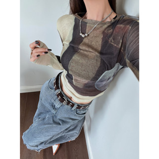 Personalized Contrast Color Halo Dyed Round Neck Slim Fit Fashionable Long Sleeve Underlay T-shirt Womens Tie Dyed Top