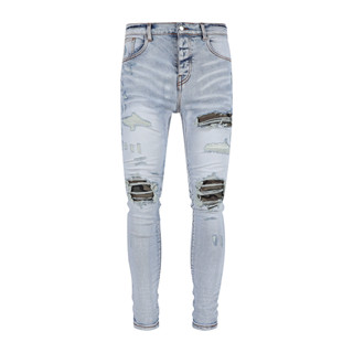 High Street Fashion AMIRI Men Jeans Vintage Blue Tight Camo Patch High Quality Fashion Hip Hop Men Denim Pants