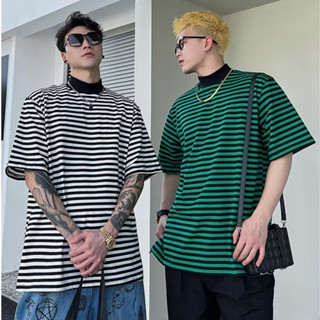 เสื้อยืดลําลอง คอสูง ลายทาง แขน 1/2 แฟชั่นสําหรับผู้ชาย
