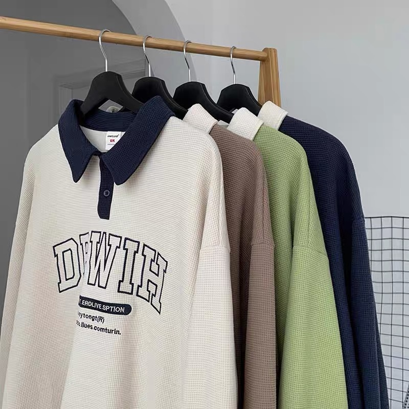 เสื้อโปโลแขนยาวลําลอง ปักลายตัวอักษร ทรงหลวม แฟชั่นฤดูใบไม้ผลิ และฤดูใบไม้ร่วง สไตล์เกาหลี สําหรับผู้ชาย และผู้หญิง