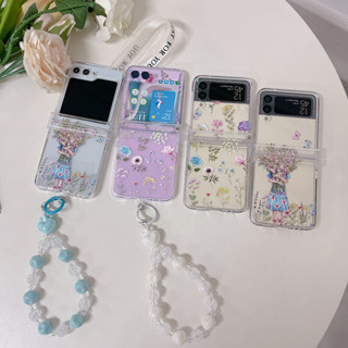 เคสโทรศัพท์มือถือแบบแข็ง กันกระแทก ลายดอกไม้ พร้อมสายโซ่คล้อง สําหรับ Samsung Galaxy Z Flip 5 5G 3in1 Z Flip 3 Flip 4