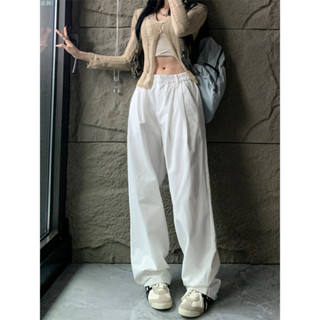 Loose and fashionable white casual pants, womens high waisted slim straight leg wide leg pants