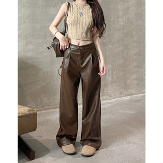 Loose fitting leather pants, womens autumn straight leg pants, wide pants, and long pants