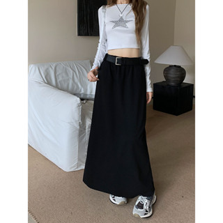 Knitted half length skirt for women with high waist, straight tube, elastic waist, buttocks, long skirt with belt