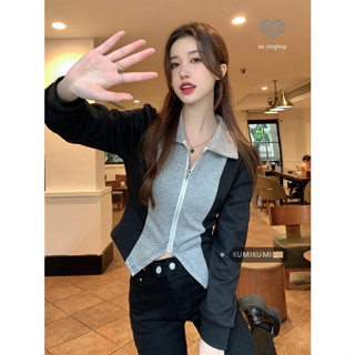 ใหม่ เสื้อโปโลแขนยาว คอโปโล มีซิป สีตัดกัน แฟชั่นฤดูใบไม้ร่วง สไตล์เกาหลี สําหรับผู้หญิง