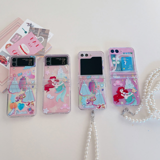 เคสโทรศัพท์มือถือแบบแข็ง กันกระแทก ลายการ์ตูนเจ้าหญิงนางเงือก พร้อมสายโซ่ยาว ประดับไข่มุก สําหรับ Samsung Galaxy Z Flip 5 5G 3in1 Z Flip 3 Flip 4