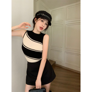 Sharon Autumn short slim fitting design with black and white striped knit shirt for women+black A-line short skirt in stock