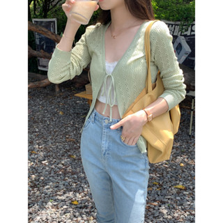 Spring/Summer Knitted Cardigan Womens Sunscreen Coat Thin French Hollow Lace Up Top BM Short Cover