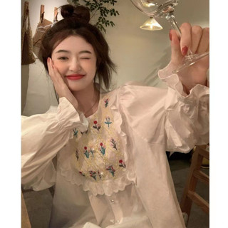 เสื้อเชิ้ตแขนยาว ทรงหลวม ปักลายดอกไม้ สไตล์เกาหลี สําหรับผู้หญิง