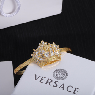 Versace สร้อยข้อมือทองเหลือง ประดับเพชรเต็มหัว ปรับได้ สไตล์เรโทร สําหรับผู้หญิง