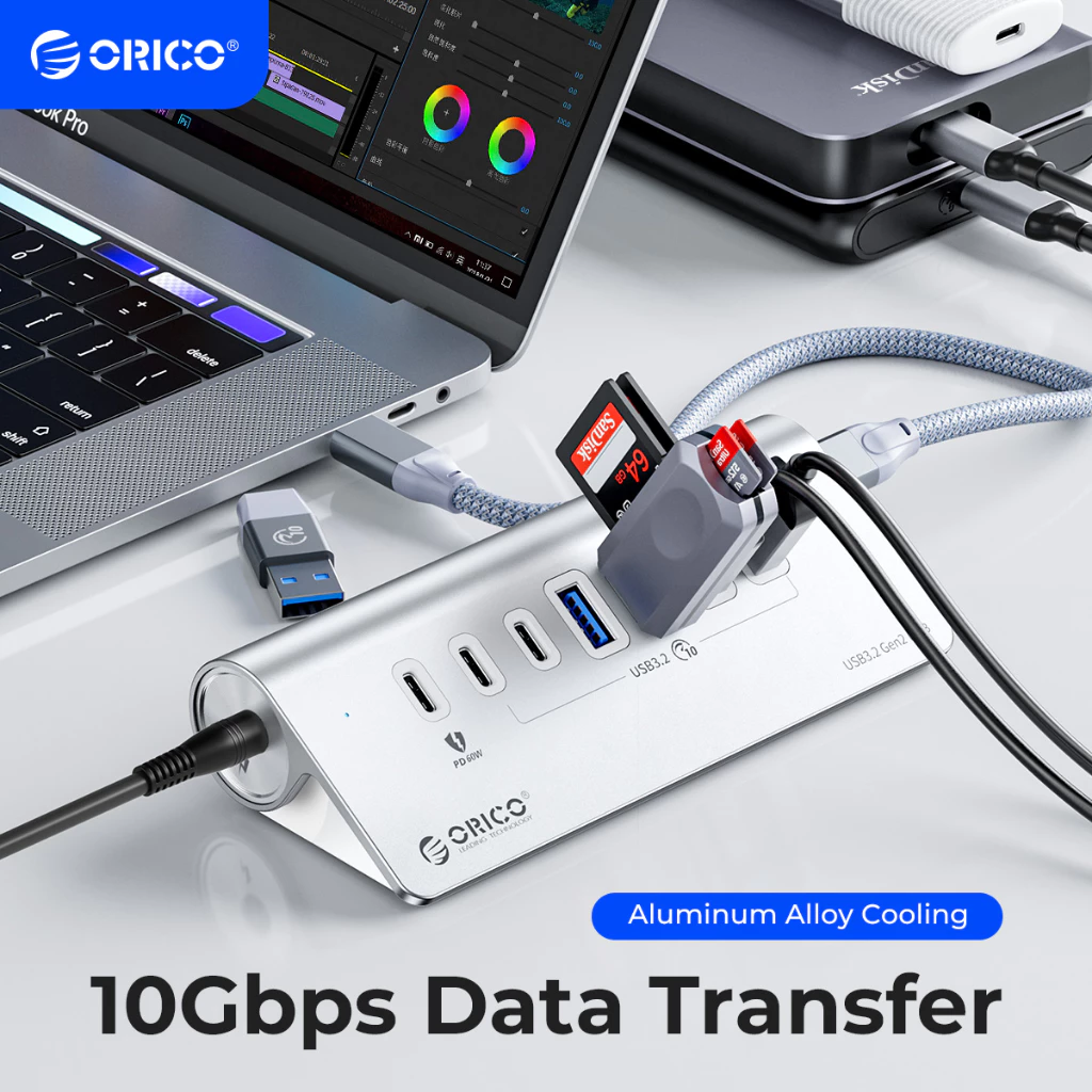 Orico USB C Hub 10Gbps USB 3.2 Gen 2 Hub 2 USB A พอร์ต 2 พอร์ต C ALUMInum Splitter พร้อมอะแดปเตอร์ Type C พอร์ตแหล่งจ่ายไฟสําหรับ MacBook/ MacBook Pro (M3U4C3)