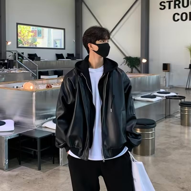 ผู้ชายแจ็คเก็ตหนังแจ็คเก็ตหนัง ม-3เอ็กแอล ปลอมสองชิ้นเย็บแจ็คเก็ตคลุมด้วยผ้าเวอร์ชั่นเกาหลีแจ็คเก็ตหนังคาร์โก้หลวม